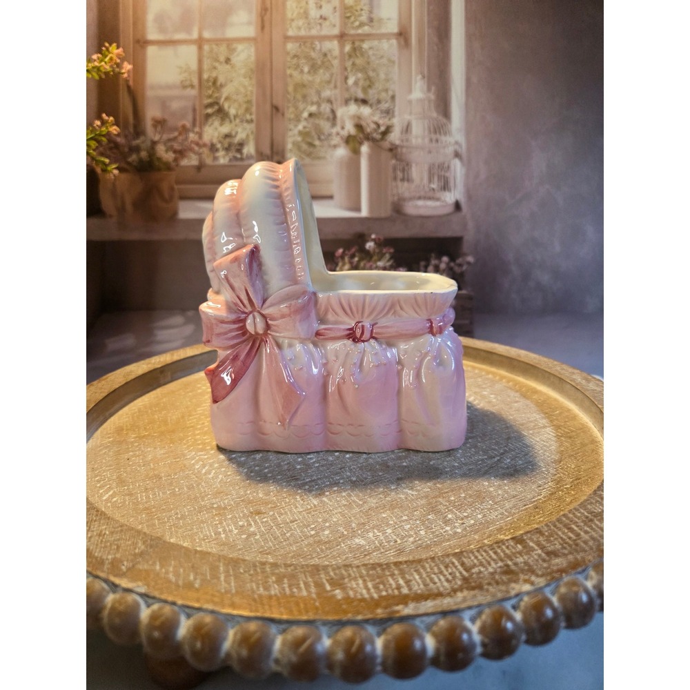 Vintage Napcoware Pink Ceramic Baby Bassinet Planter C-5142 Nursery Decor Bow
